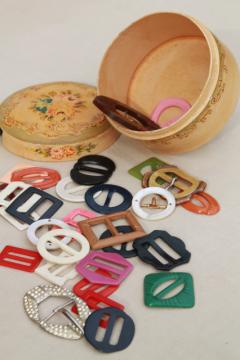 lot of vintage dress belt buckles, colored bakelite & plastic buckle sewing notions