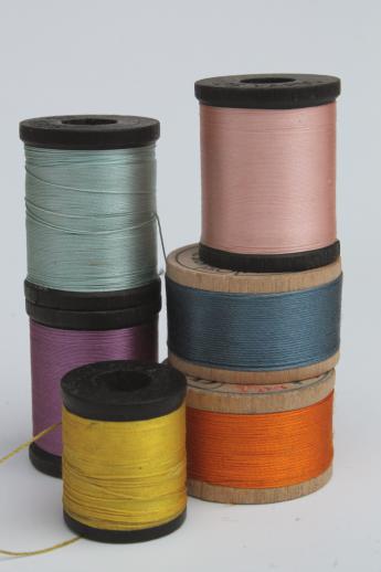 lot of vintage fine cotton & silk embroidery floss, tiny wood spools of thread in jewel colors