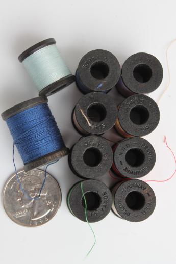 lot of vintage fine cotton & silk embroidery floss, tiny wood spools of thread in jewel colors