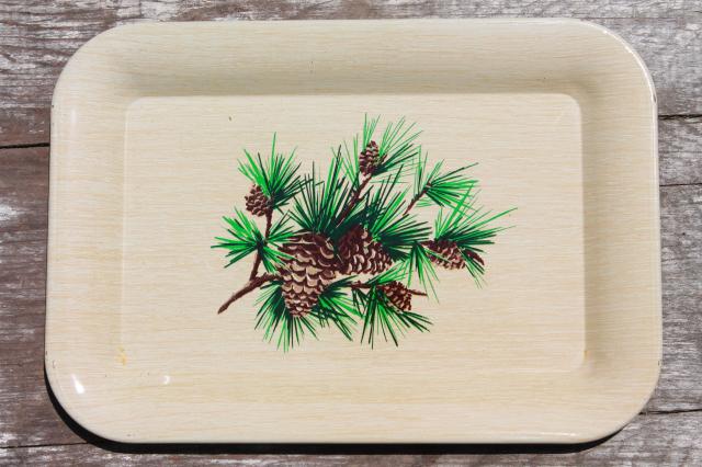 lot of vintage metal tip trays, tiny tole trays w/ flowers, thistles, pinecones