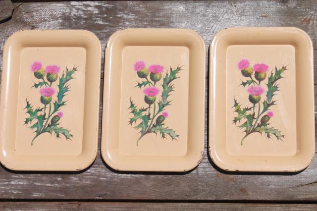 lot of vintage metal tip trays, tiny tole trays w/ flowers, thistles, pinecones