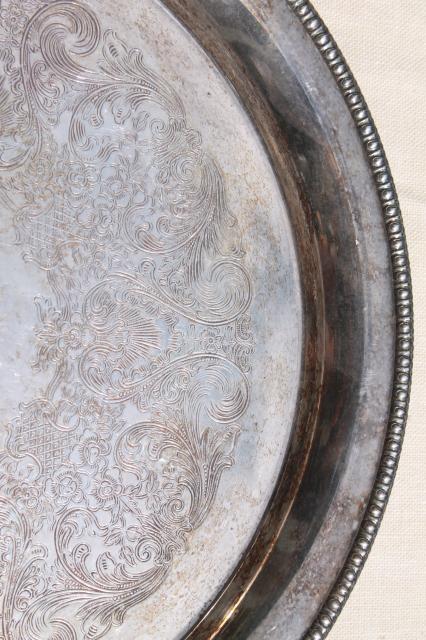 lot of vintage silver serving trays, round silverplated tray & charger plates