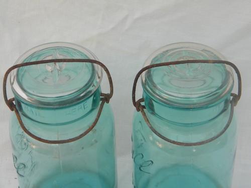 lot old 1908 1 qt aqua blue Ball Ideal mason jars/canisters, lightning lids