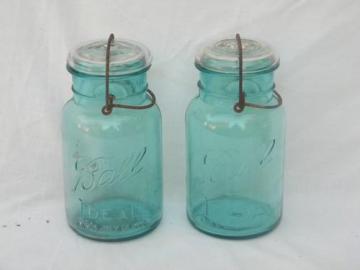 lot old 1908 1 qt aqua blue Ball Ideal mason jars/canisters, lightning lids
