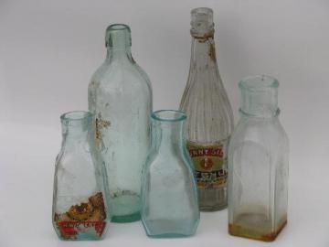 lot old antique glass jars, vintage condiment, olive or pickle bottles