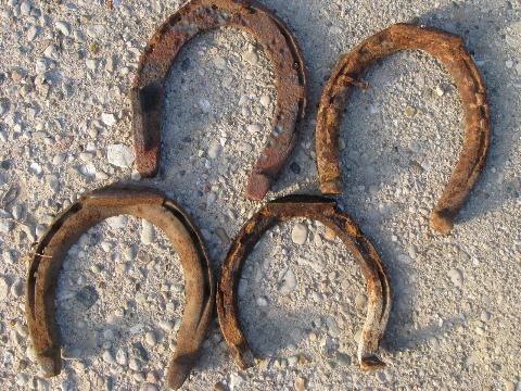 lot old antique iron horseshoes w/ horse shoe nails, vintage farm primitives
