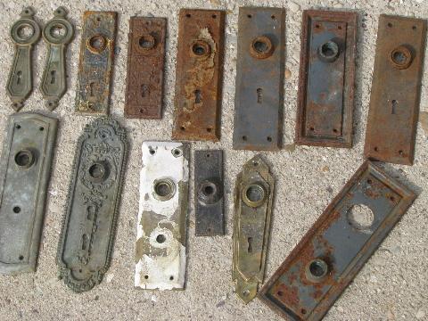 lot old door hardware, vintage antique locks, doorknobs, escutcheon face plates