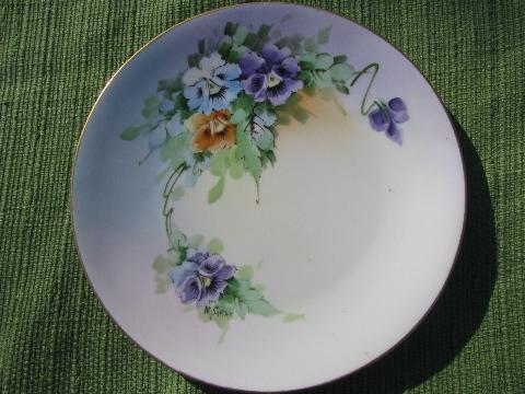 lot old hand-painted flowered porcelain plates, antique and vintage china