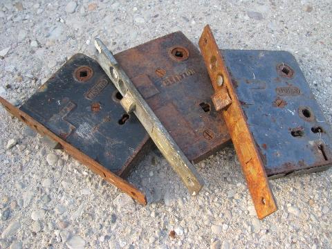 lot old hardware, vintage keyed latch & deadbolt mortise box locks, brass plates