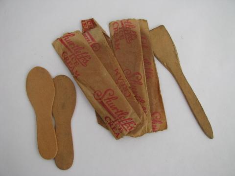 lot old ice cream dairy advertising, vintage wood & antique little tin spoons