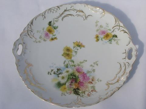 lot old painted china handled plates w/ flowers, antique vintage Bavaria, Germany