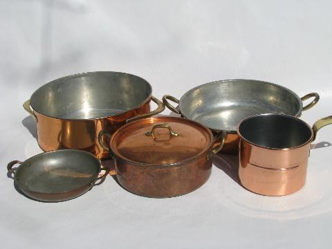 lot old vintage solid copper / brass kitchen pots & pans, Dansk etc.