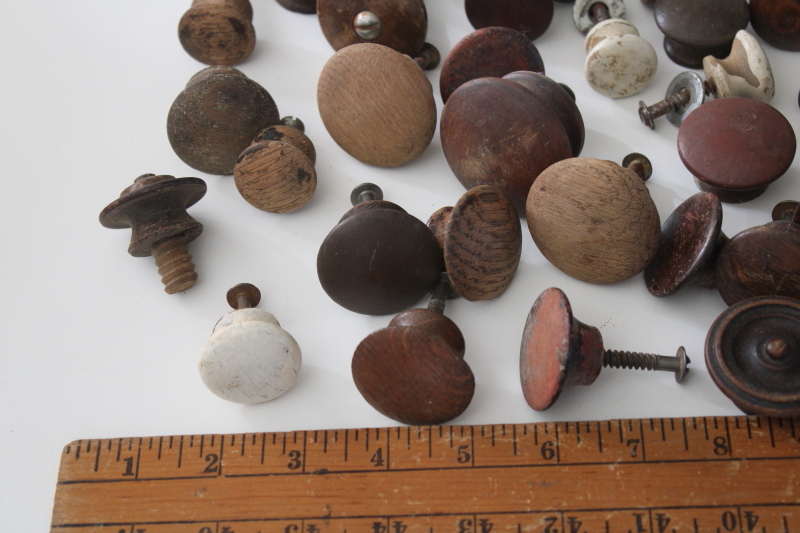 lot old wood drawer knobs, rustic primitive vintage hardware, pulls or peg board coat hooks