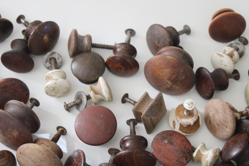 lot old wood drawer knobs, rustic primitive vintage hardware, pulls or peg board coat hooks