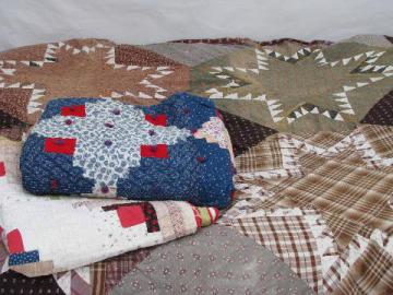 lot primitive old patchwork quilts, vintage cotton print fabrics, 1940s-50s