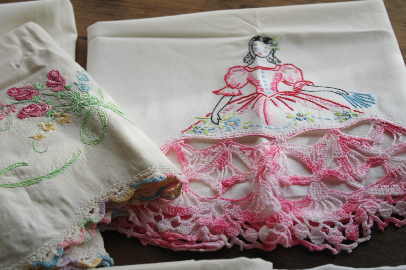 lot shabby vintage fancywork pillowcases for upcycle projects, colorful crochet lace  embroidery