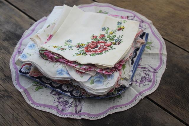 lot shabby vintage hankies w/ flower prints, upcycle project craft decor printed cotton handkerchiefs