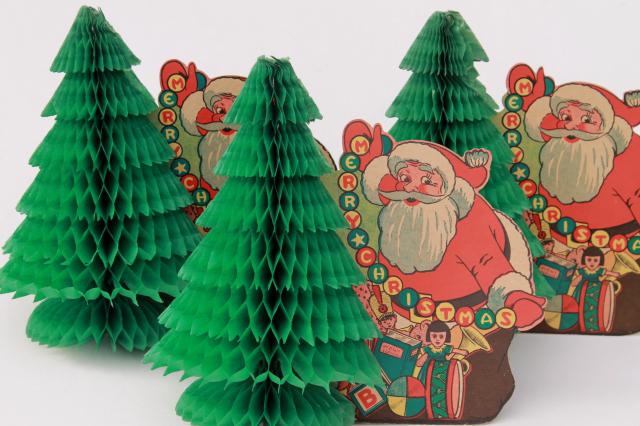 lot vintage Christmas decorations, Santas holiday diecuts honeycomb paper etc.
