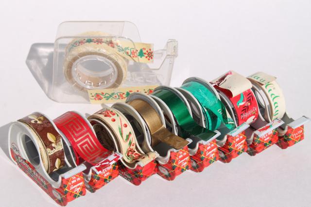 lot vintage Christmas print gift wrap tapes in mid-century Scotch plaid tape dispensers