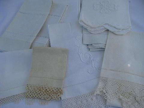 lot vintage antique whitework linen damask & cotton towels, crochet & tatted lace