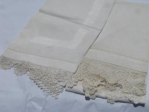 lot vintage antique whitework linen damask & cotton towels, crochet & tatted lace