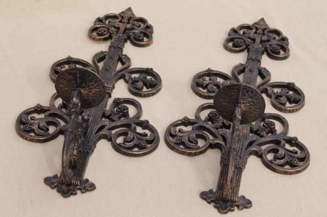 lot vintage black & gold rococo plastic wall art, candle sconces, ivy pockets, giant key!