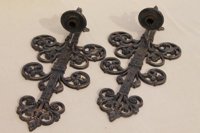 lot vintage black & gold rococo plastic wall art, candle sconces, ivy pockets, giant key!