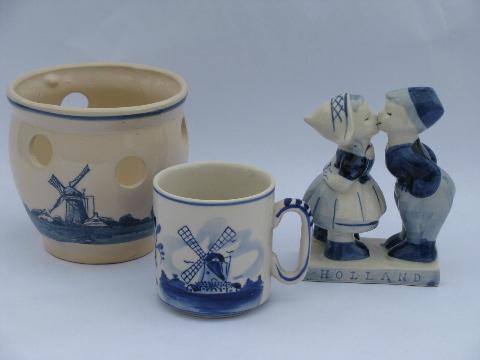 lot vintage blue & white Delft pottery, windmill scene bulb planter, dutch children