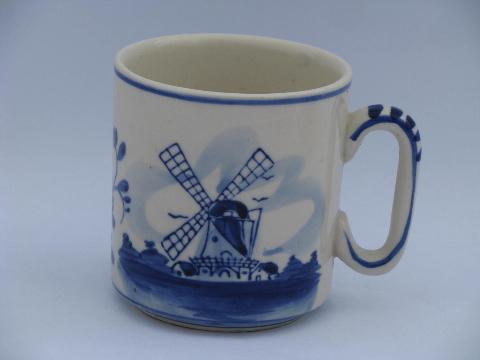 lot vintage blue & white Delft pottery, windmill scene bulb planter, dutch children