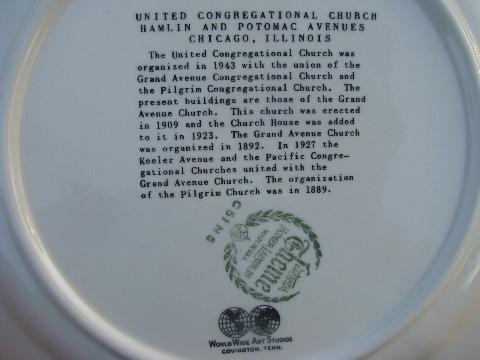 lot vintage china plates, church illustrations, rural Illinois, Chicago, Rockford churches