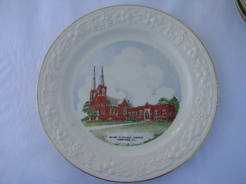 lot vintage china plates, church illustrations, rural Illinois, Chicago, Rockford churches