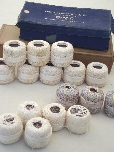 lot vintage cotton crochet thread spools in antique  French boxes