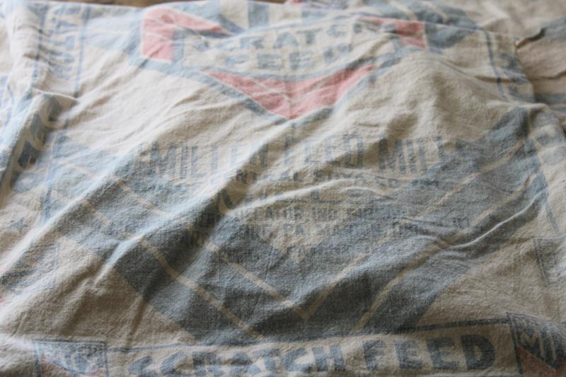 lot vintage cotton feed sacks, chicken mash grain bags w/ faded blue & red print advertising