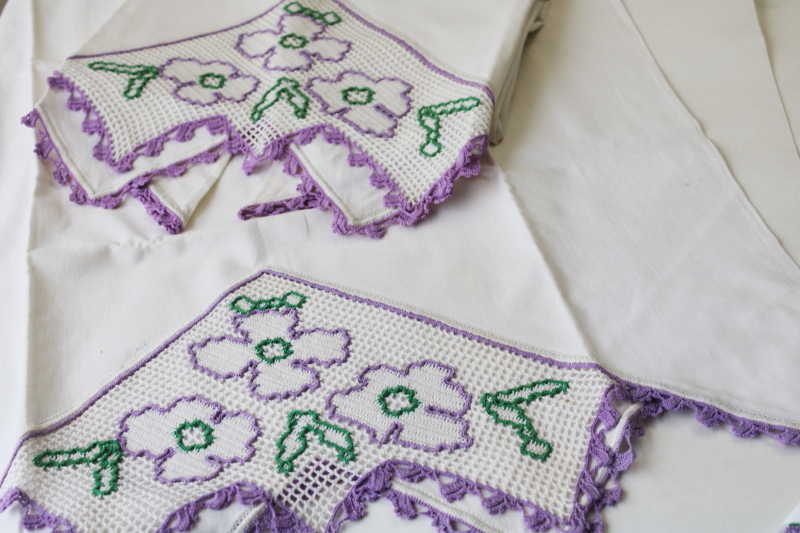 lot vintage cotton pillowcases w/ fancywork embroidery  crochet lace edging
