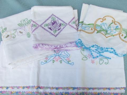 lot vintage embroidered pillowcases w/crocheted lace, flowers & bows