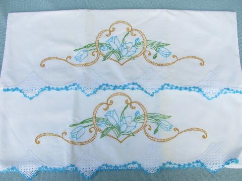 lot vintage embroidered pillowcases w/crocheted lace, flowers & bows