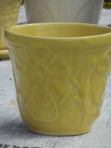 lot vintage flower pots in blue, yellow, off-white, McCoy pottery etc.