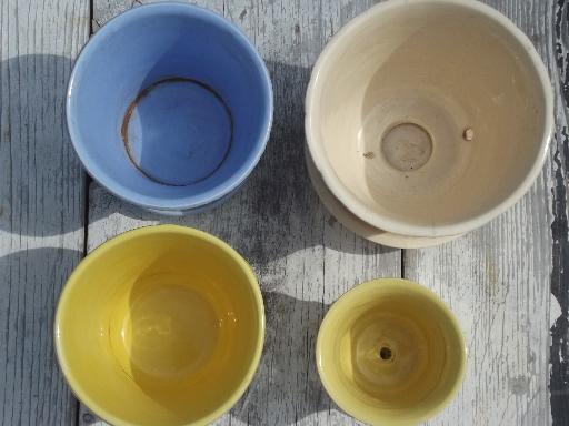 lot vintage flower pots in blue, yellow, off-white, McCoy pottery etc.