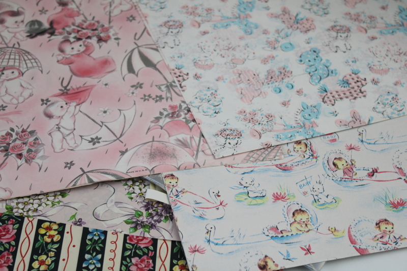 lot vintage gift wrapping paper w/ original box plus lots more, cute prints baby animals, kids