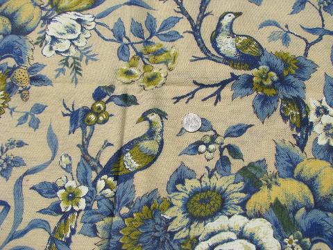 lot vintage heavy linen weave cotton print fabric 40s-50s-60s, flowers & birds