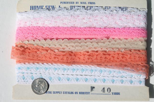 lot vintage lace edgings & sewing trims, poly / nylon lingerie lace in white, retro colors