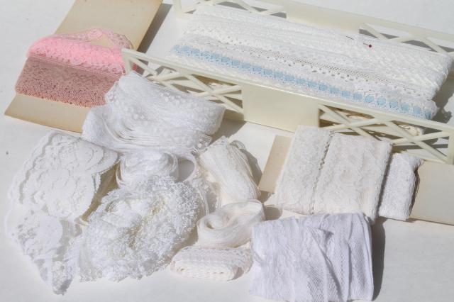 lot vintage lace edgings & sewing trims, poly / nylon lingerie lace in white, retro colors