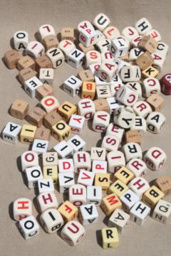 lot vintage letter cube dice, word game pieces, wood & plastic cubes of letters