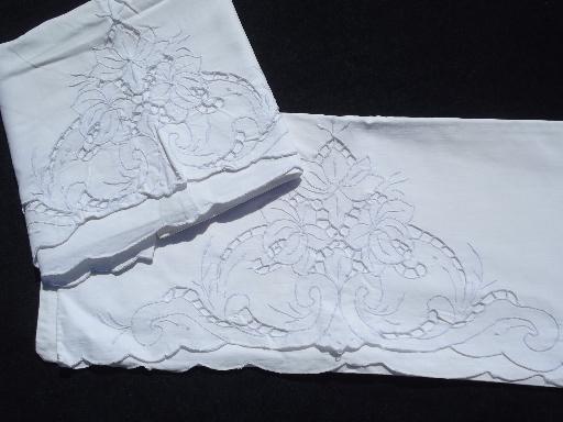 lot vintage linen and cotton pillowcases w/ whitework, crochet lace on white