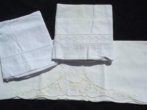 lot vintage linen and cotton pillowcases w/ whitework, crochet lace on white