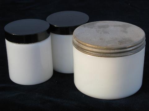 lot vintage milk glass apothecary jars, antique black bakelite lids