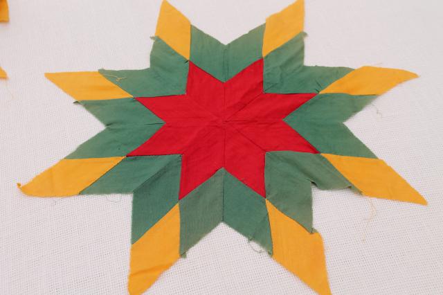 lot vintage patchwork quilt blocks, red jade mustard solids pieced western stars