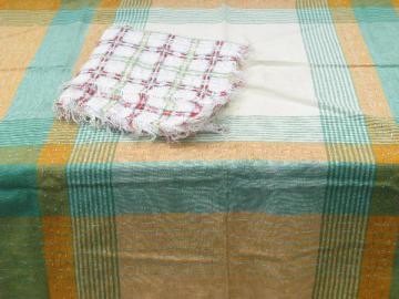 lot vintage plaid cotton kitchen tablecloths or picnic table cloths, 1950s - 60s