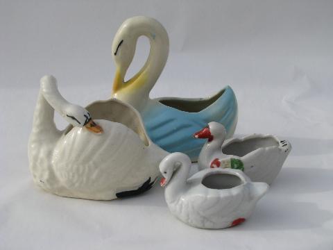 lot vintage pottery flower / ivy planters, figural swans, large & small