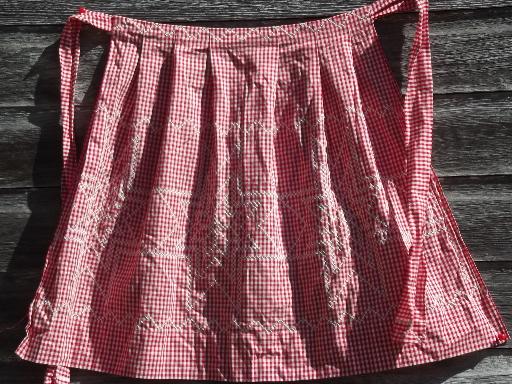 lot vintage red and white checked gingham half aprons, one for each day of the week